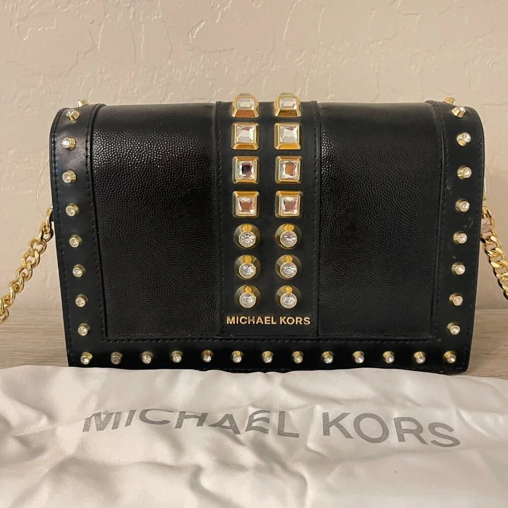New Michael Kors Crossbody Bag Black Gold Rhinestone Crystal Studs Chain Flap MK